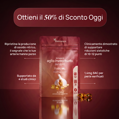 Estratto di aglio invecchiato — l'unico integratore a base di aglio clinicamente testato per ridurre la pressione arteriosa.