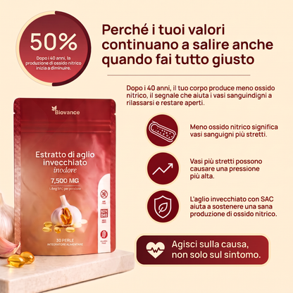 Estratto di aglio invecchiato — l'unico integratore a base di aglio clinicamente testato per ridurre la pressione arteriosa.